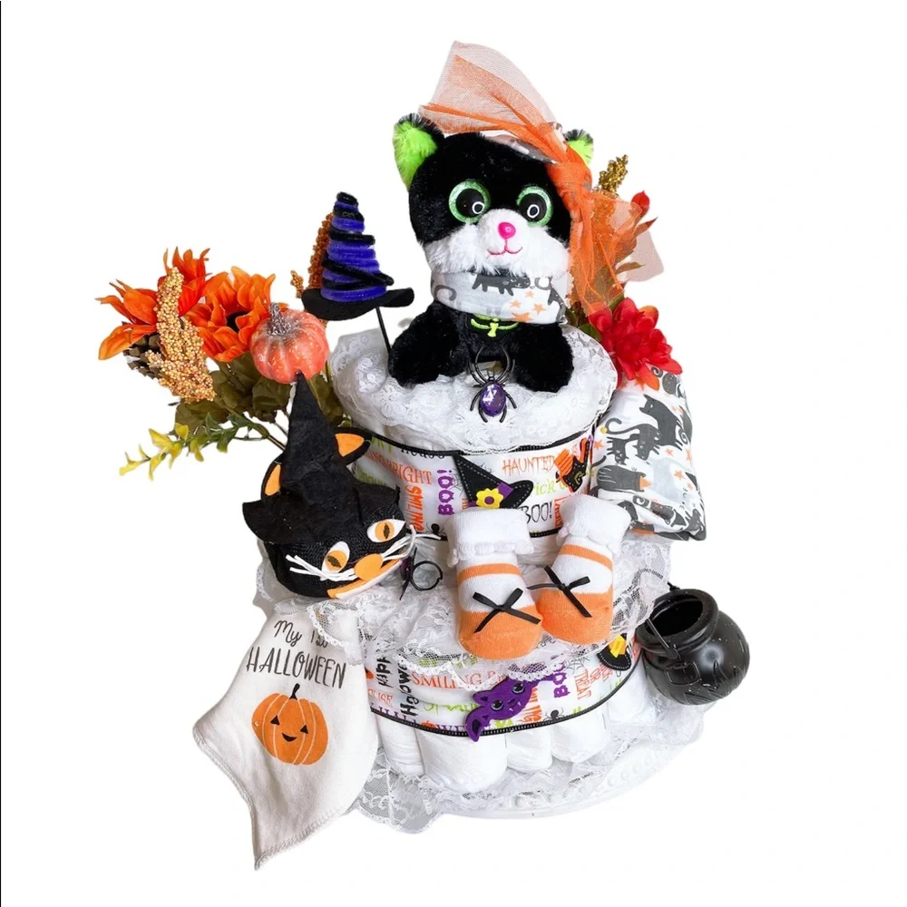 Girls Halloween Diaper Cake, Black cat Diaper Cake